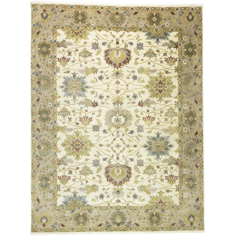 Tapis oriental crème en laine noué à la main 9 pi x 11 pi 10 po Oriental