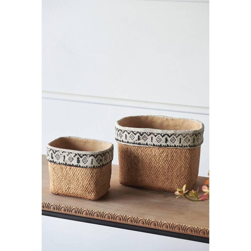 Set Of 2 Rectangular Basket Planters With Geometric Trim, L:10.5X8.5X8" S:7.5X5.5X6.5"