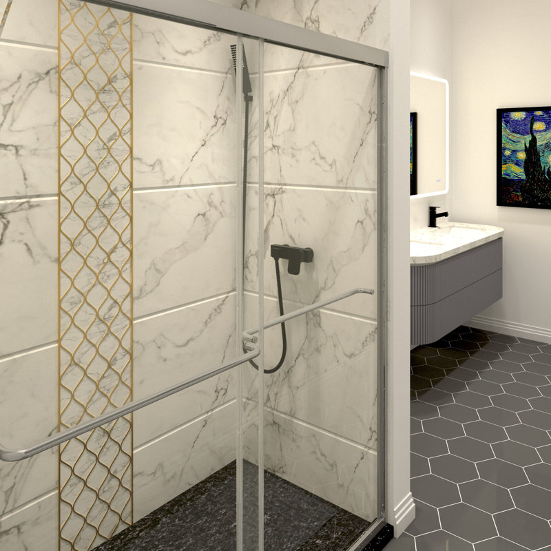 Porte de douche coulissante chromée l 50 à 54 po x H 70 po, porte de douche en verre semi-sans cadre
