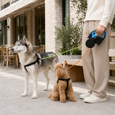 Dual Retractable Dog Leash for 2 Dogs, Double-Head Automatic Pet Walking Leash with Independent Leads and Ergonomic Handle