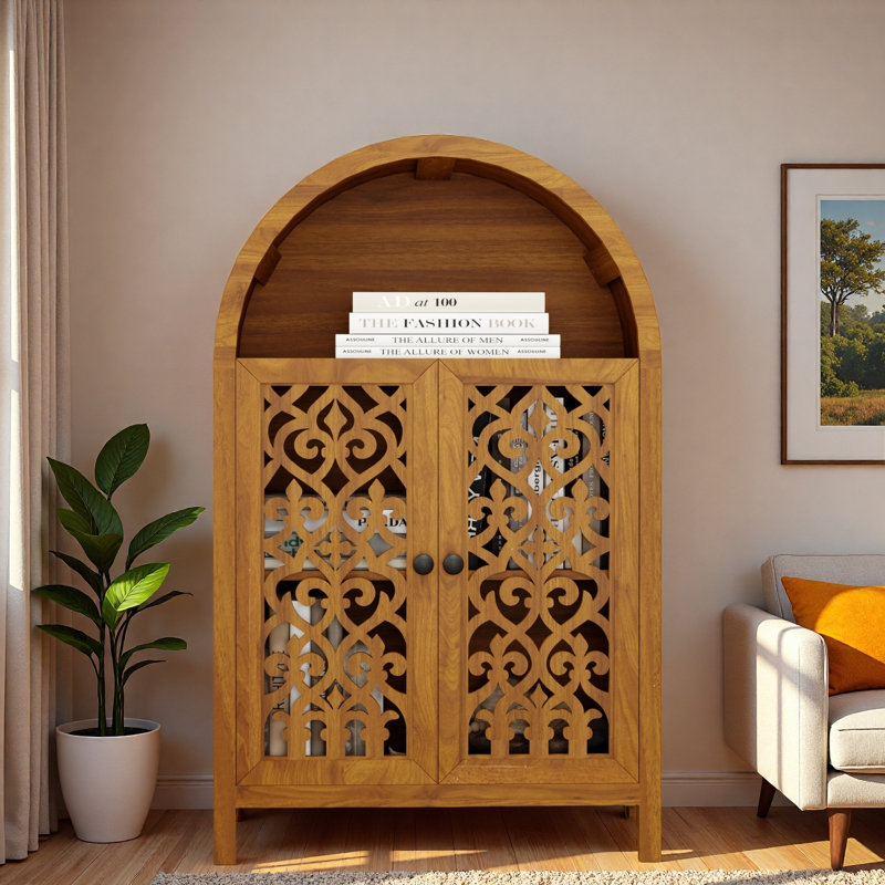 Armoire décorative arquée sculptée à la main avec tablette ouverte et plateau arqué