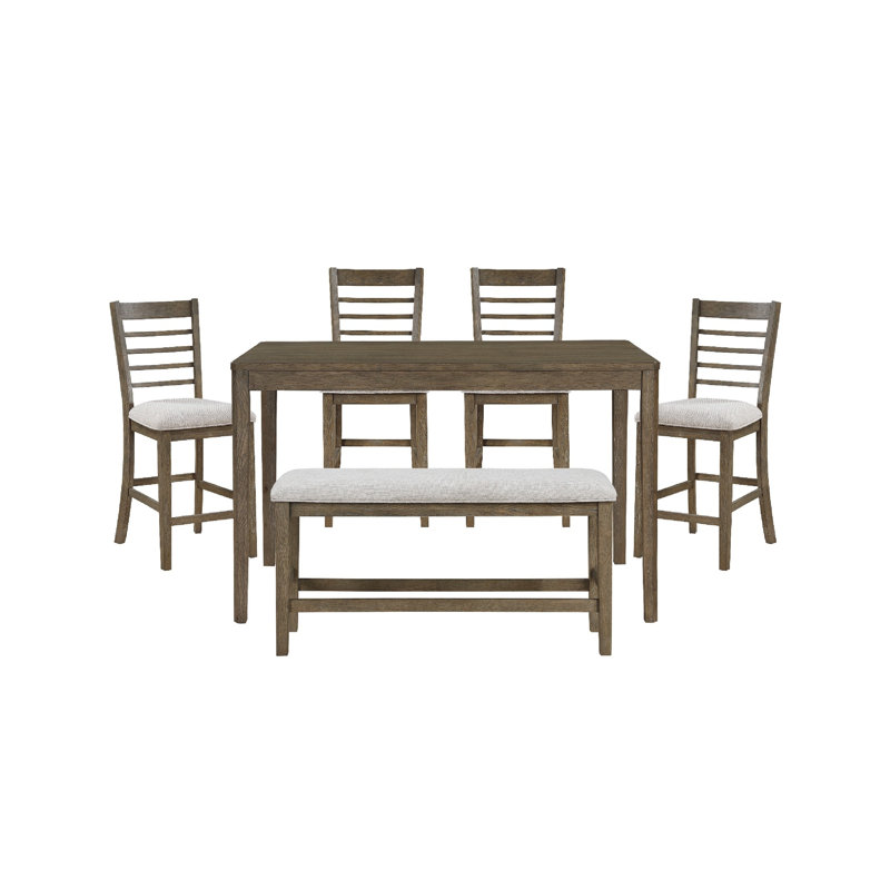 Emy 6Pc Counter Height Table Set, 4 White Chairs, Bench, Light Brown