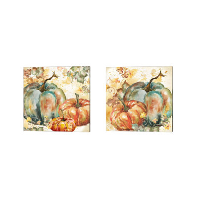 " Watercolor Harvest Teal And Orange Pumpkins I & II " 2 - Pieces