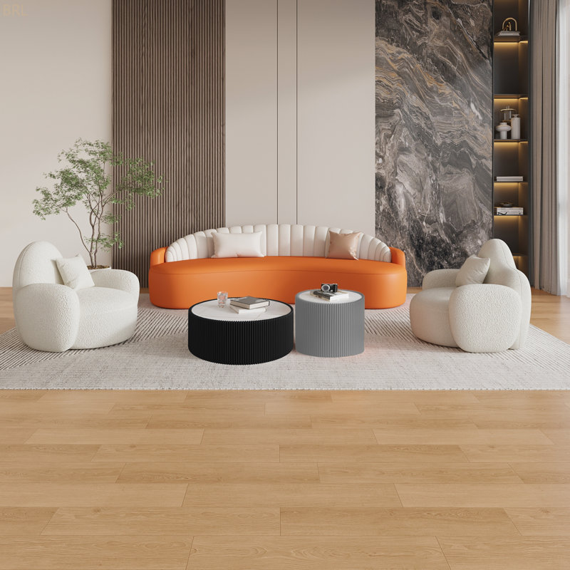 Table basse moderne en cuir clair avec plateau en marbre, Noir