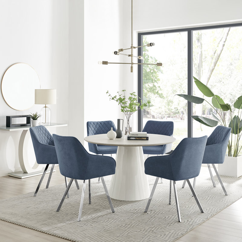 Statement 6 Person Round Dining Table Set in Luxury Beige Stone Effect - Velvet Dining Chairs, Blue/Silver