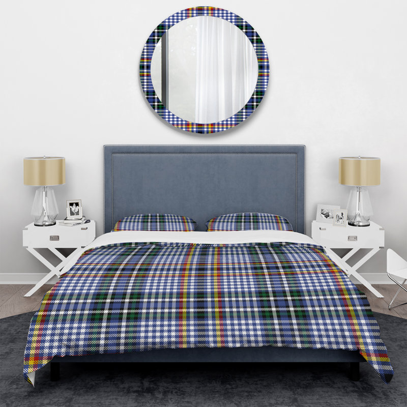Tartan à carreaux blanc et bleu - Ensemble de housse de couette abstrait - Microfibre de polyester