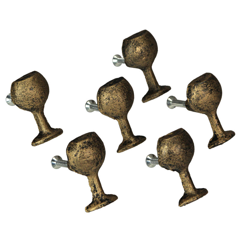 Antique silver finish cast iron wine glass drawer pulls and cabinet knobs, set of 6 — 1" W x 1" D x 1.75" H, Gold