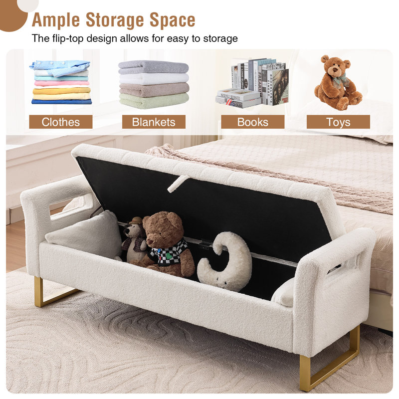 66"W Upholstered  Teddy Bedroom Storage Bench End of Bed King Size with Gold Legs,Curverd Armrest and 2 Pillows , Cream, 67"W