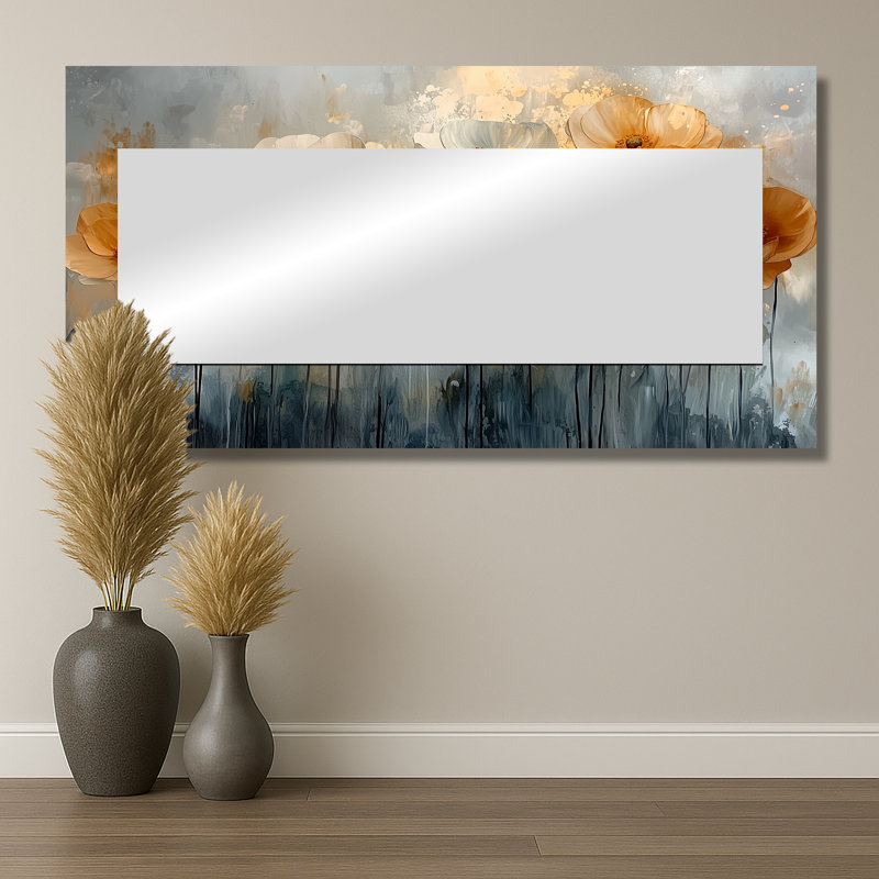 Golden Glow of Ranunculus Flowers Field I - Art mural miroir floral - imprimé sur métal, 28 po x 55 po