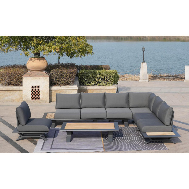 7 - Person Modular Patio Conversation Sets with Cushions, Black, Dark Grey