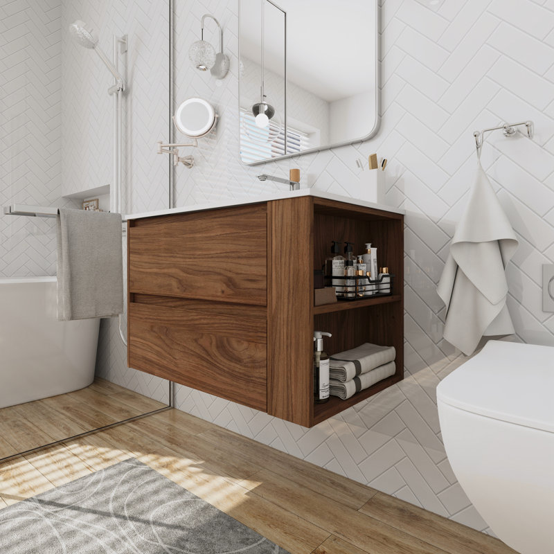 Meuble-lavabo mural avec lavabo en gel, Chêne brun