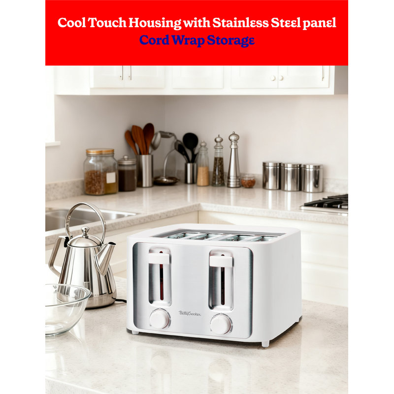 Betty Crocker 4-Slice Toaster, 1500W, Variable Toast Shade Control Dials, High Lift Feature, Cool Touch Housing, Bread Centering Guides, Drop Down Crumb Tray, BC-5635W, White