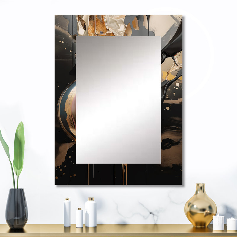 Gold And Black Marble Mirage IV - Marble Mirror, Gold Decorative Wall Mirror, Printed Metal Art, 32" x 24"