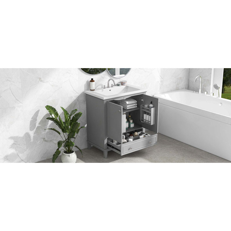 Ensemble de meuble-lavabo 30 po avec lavabo, armoire de salle de bain multifonctionnelle avec portes et tiroir, structure solide et panneau de fibres à densité moyenne