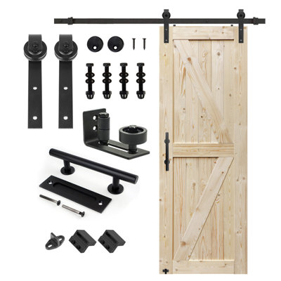 S&Z TOPHAND Unfinished British Brace Knotty Barn Door with Sliding Door Hardware Kit/Solid Wood/Sliding Door/Double Surfaces/A Simple Assembly is Required