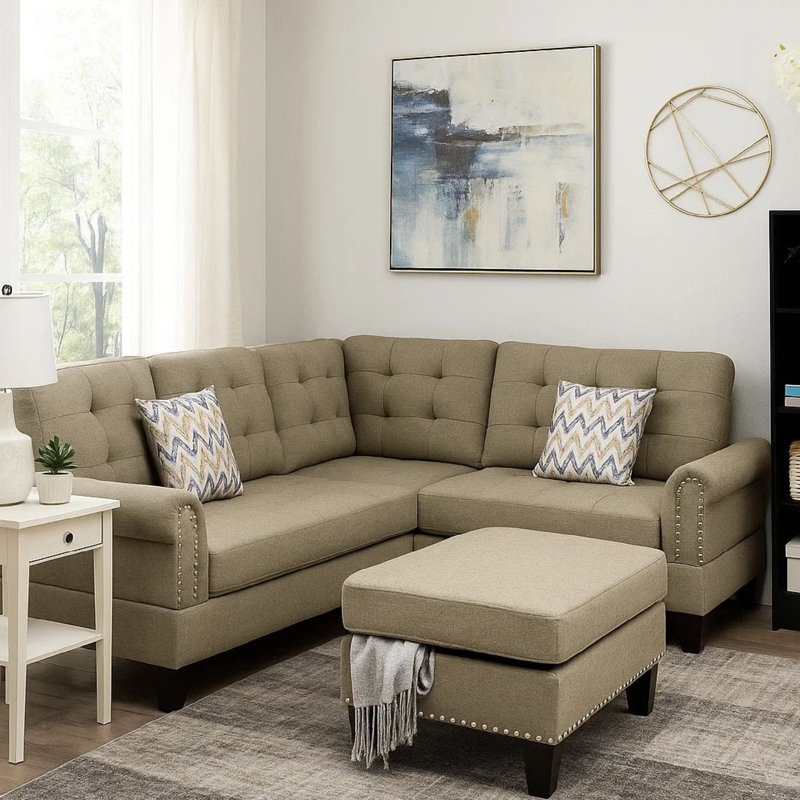 Canapé et méridienne stationnaire symétrique de 90 po de large avec repose-pieds, Mélange de polyester beige