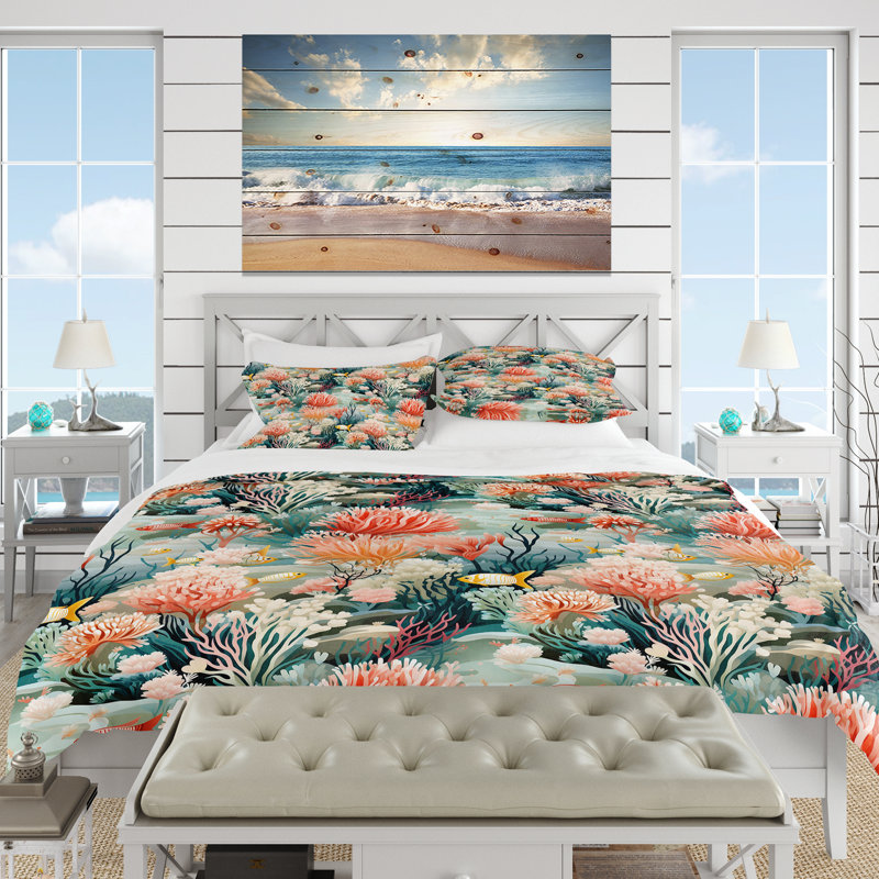 Ensemble de housse de couette Coastal Coral Reef, Housse de couette pour grand lit et 2 taies décor
