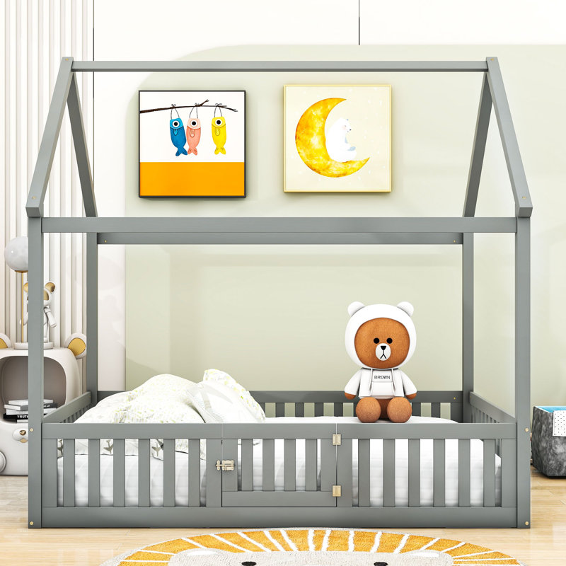  Lit plateforme double en bois, gris