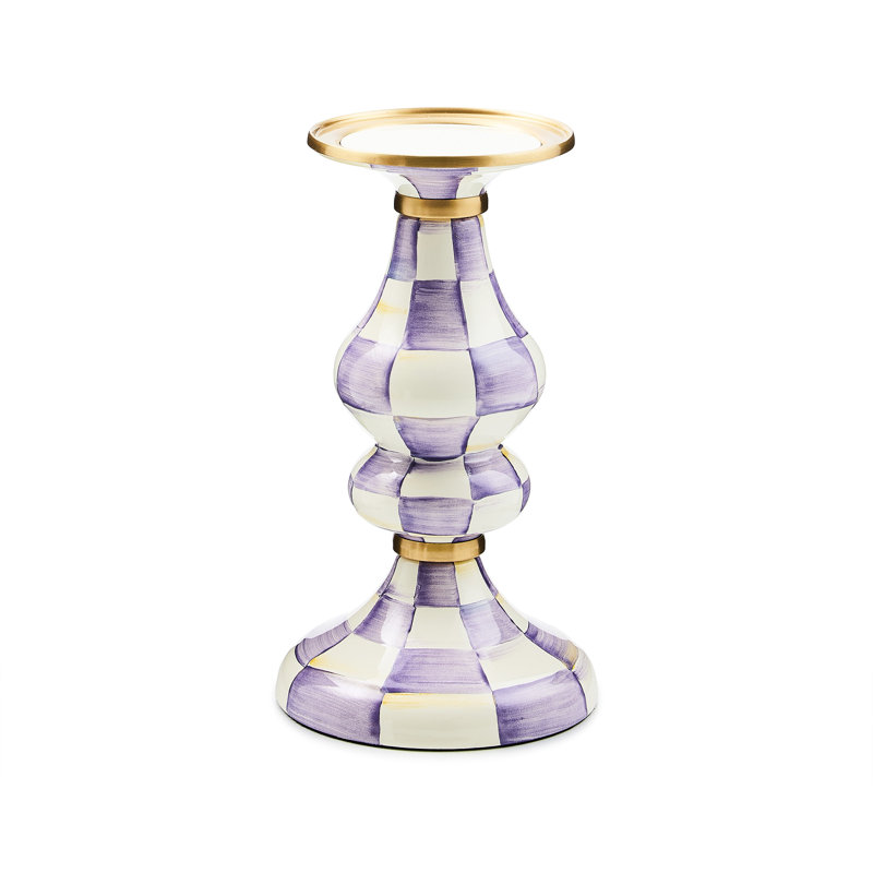 Violet Check Pillar Candlestick, 9'' H x 5.25'' W x 5.25'' D