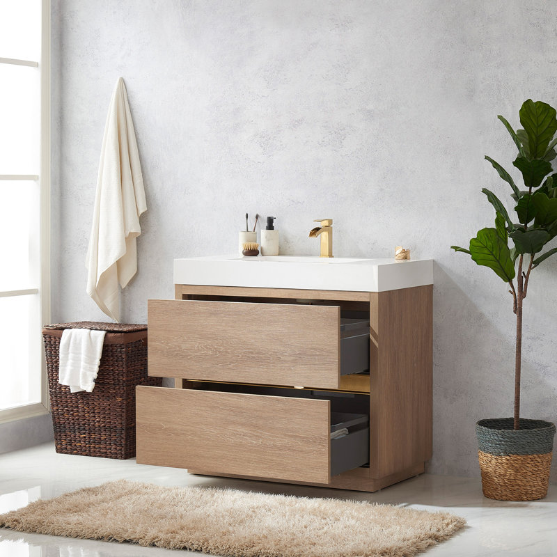 Beira Single Bathroom Vanity with Composite Top, North American Oak, White, 36"