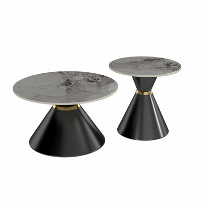 Ensemble de 2 tables basses rondes gigognes, tables basses en pierre frittée avec piédestal noir et anneau décoratif doré, tables d'appoint modernes et luxueuses pour petit salon