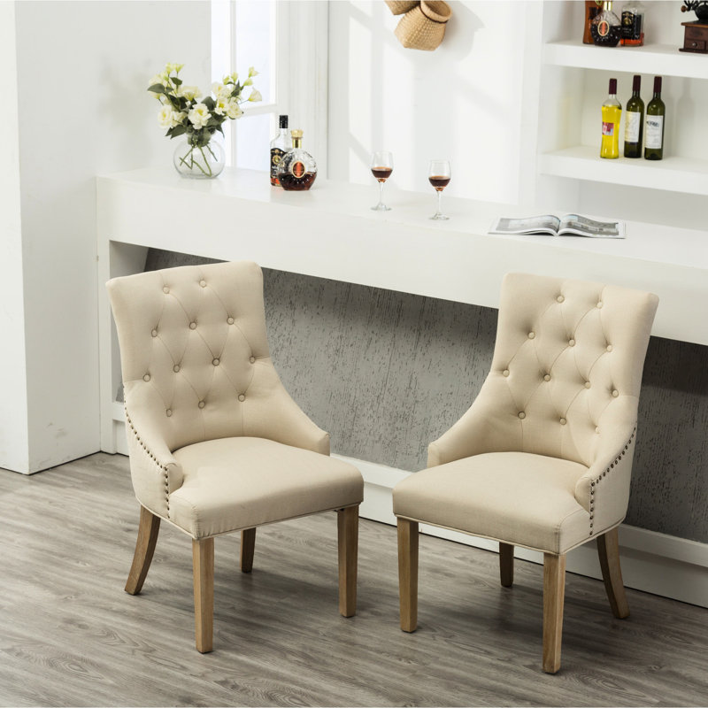 Fauteuil à oreilles boutonné en bois massif (2 unités) avec charmants clous décoratifs et chaises pour deux têtes, Tanné