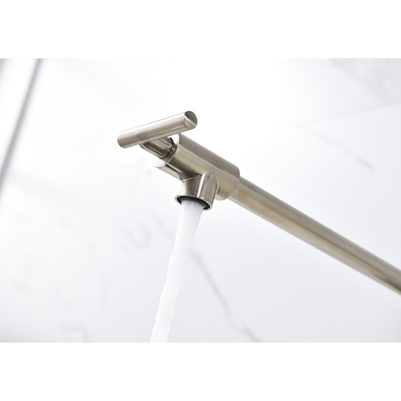 Wall Mount Folding Kitchen Pot Filler Faucet In Brushed Nickel - 360 Rotation, Space-Economical, Quality Brass, Double Handles For Effortless Water Flow Control, Corrosion Surface Mounted Arm,