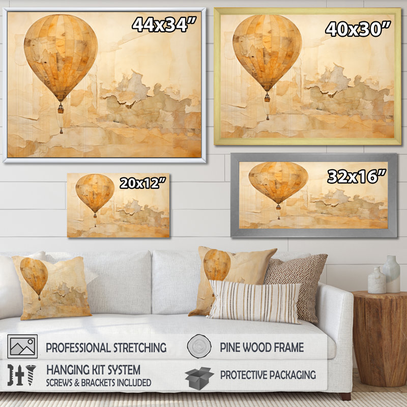Minimalisme, montgolfière, impression sur toile, Cadre doré simple, H 24 po x l 32 po x P 1 po