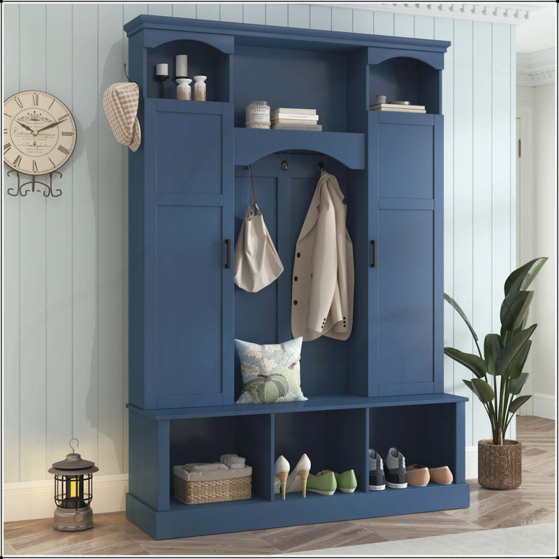 All-in-One Hall Tree with Adjustable Side Cabinets and Arched Design, Blue