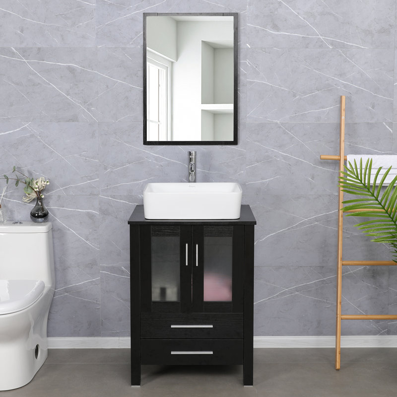  24" Single Bathroom Vanity Set with Manufactured Wood Top, Ceramic Sink, Water Saving Faucet, Black, Dark Espresso