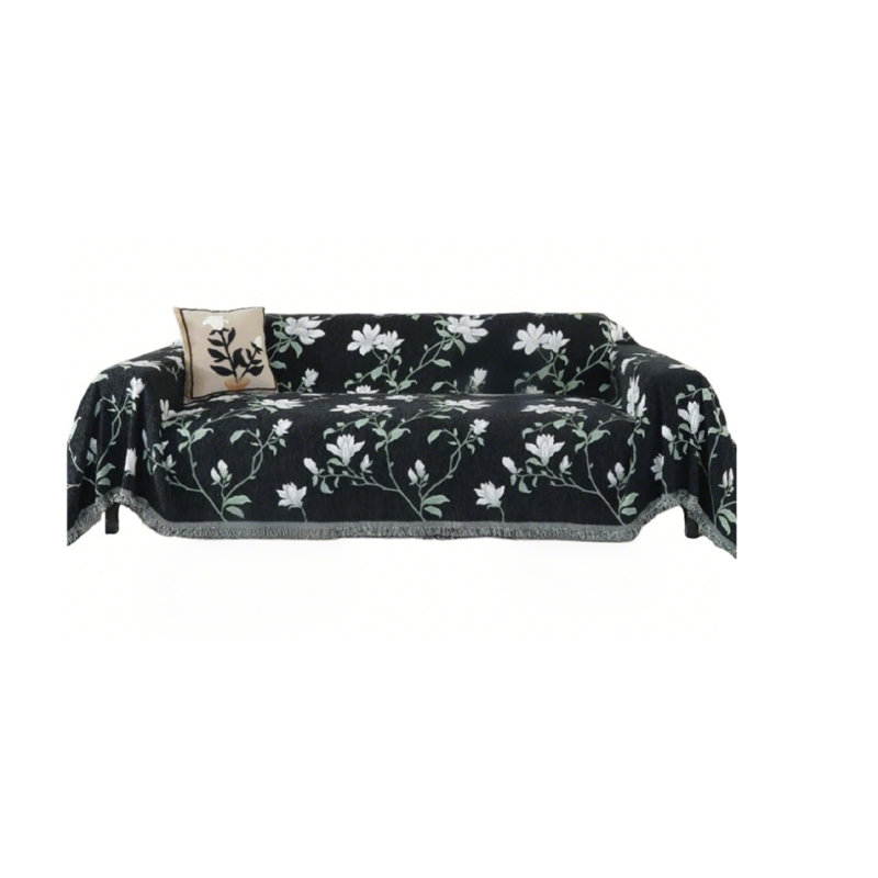 Cotton Box Cushion Sofa Slipcover, Black/Green/White Floral