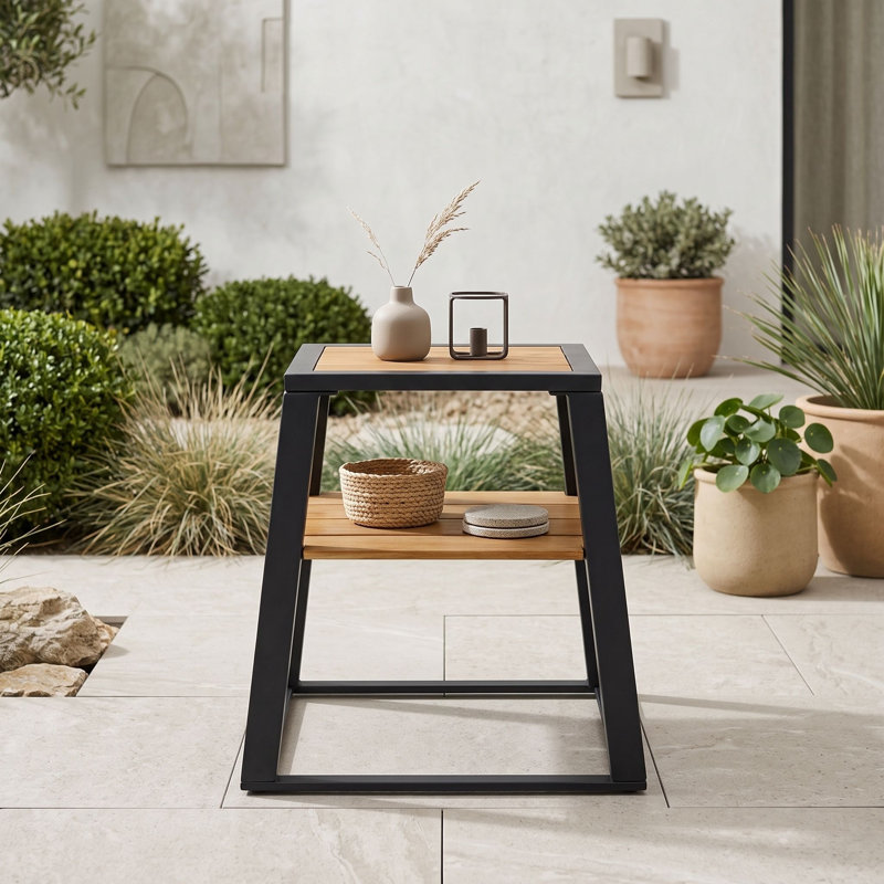 Table d'appoint d'extérieur moderne à deux niveaux en bois d'acacia avec structure en fer et tablette de rangement pour terrasse ou balcon