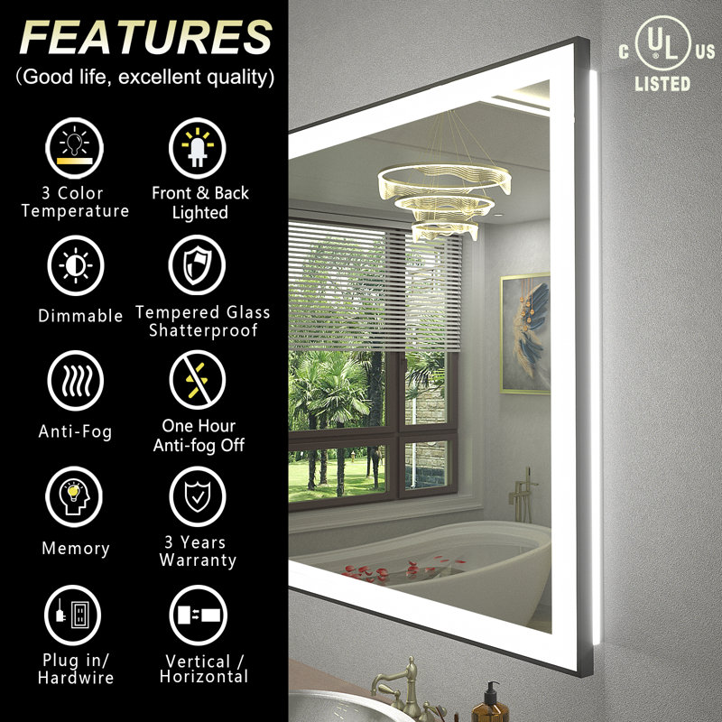 Aevar UL Certified Front & Back LED Anti-Fog Tempered Glass Framed Bathroom/Vanity Mirror with 3-Year Warranty, 44" x 36"