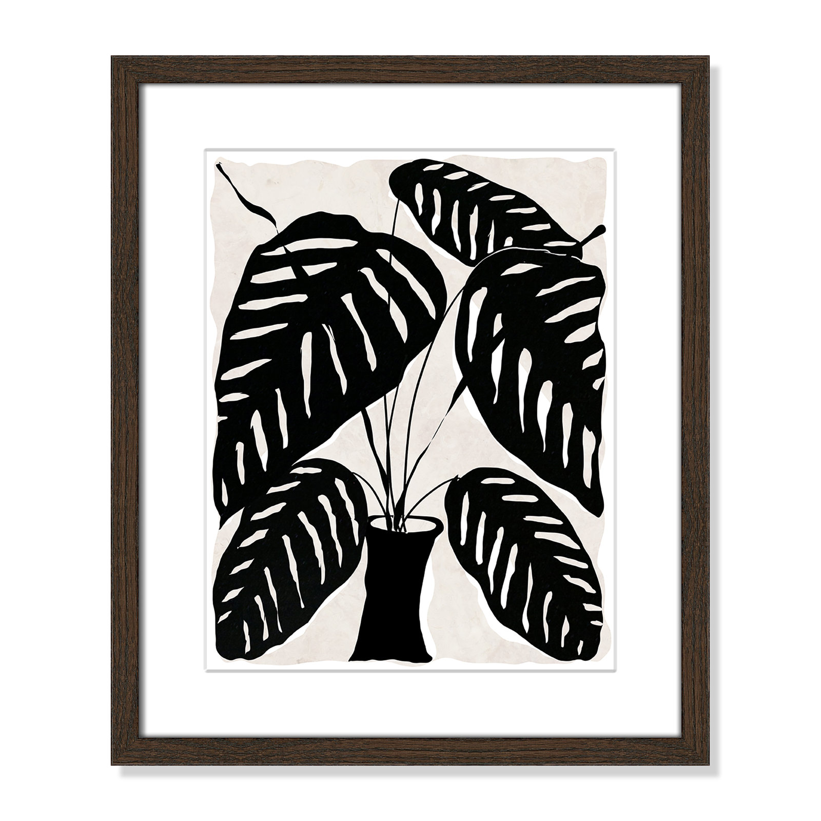 Black and White Potted Plant I Print, 19" H x 16" W x 0.75" D, Walnut Framed
