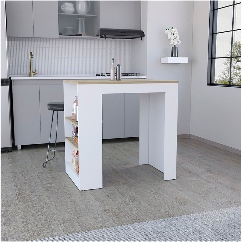 Portree Kitchen Island with 3-Side Shelves, White, White