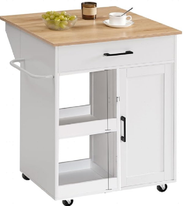 Îlot de cuisine avec abattant, îlot de cuisine sur roulettes avec rangement, chariot d'îlot avec 2 tablettes ouvertes, 1 tiroir pour la cuisine, la salle à manger