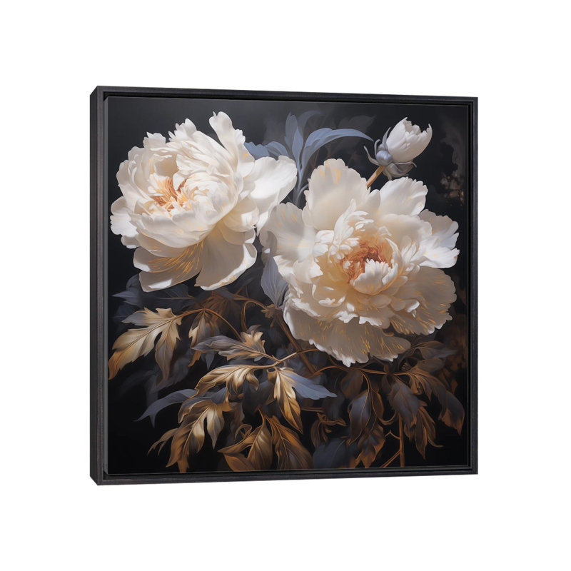 Or pivoines - reproduction d'art murale, H 26 po x l 26 po, Reproduction encadrée sans passe-partout, Noir patiné