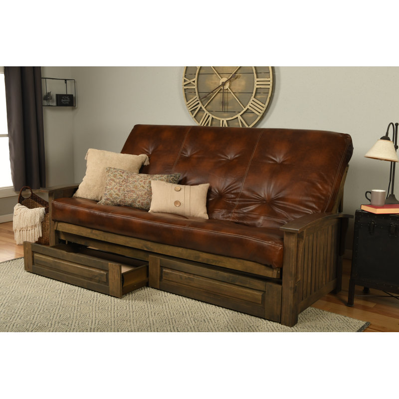 Stratford Queen 87'' Upholstered Futon And Mattress, Brown Faux Leather