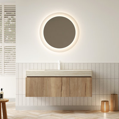 Meuble de rangement pour salle de bain de 122 cm (48 po) avec comptoir à motifs et lavabo en céramique, 2 portes et 1 tiroir, préassemblé, fini chêne blanc, résistant au feu, lavabo facile à installer, comptoir en pierre frittée, couleur