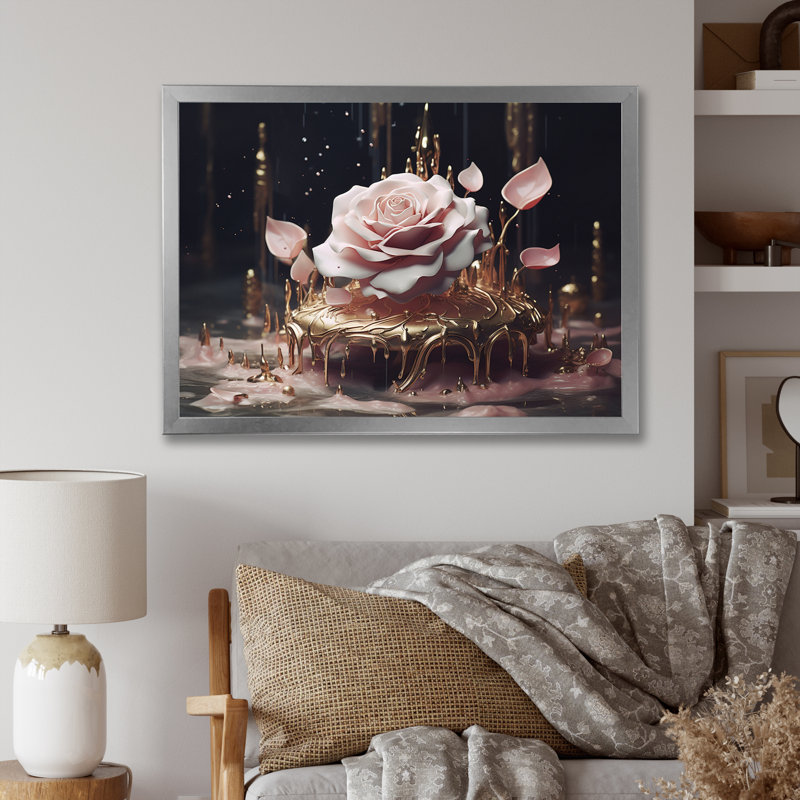 «Exquis Blossoming Pink Rose Glam Elegance», reproduction sur toile, Cadre simple argenté, H 30 po x l 40 po x P 1,5 po
