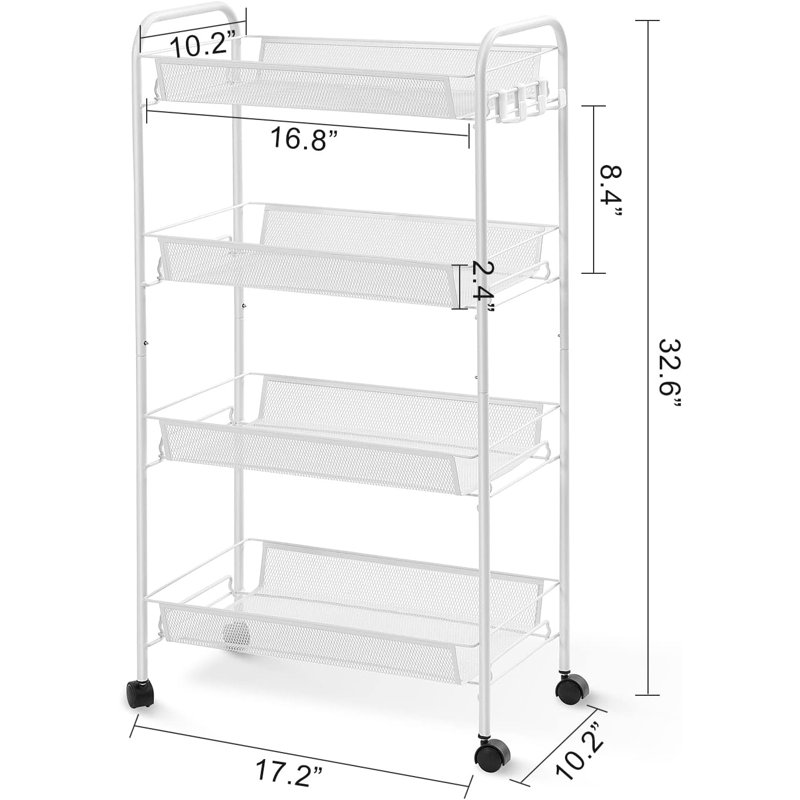 4 Tiers Stainless Steel Utility Cart with Wheels,17.2*10.2*32.6 inch Rolling Cart,Metal Cart, Salon Trolley Cart,Kitchen Storage Cart,Bathroom Cart