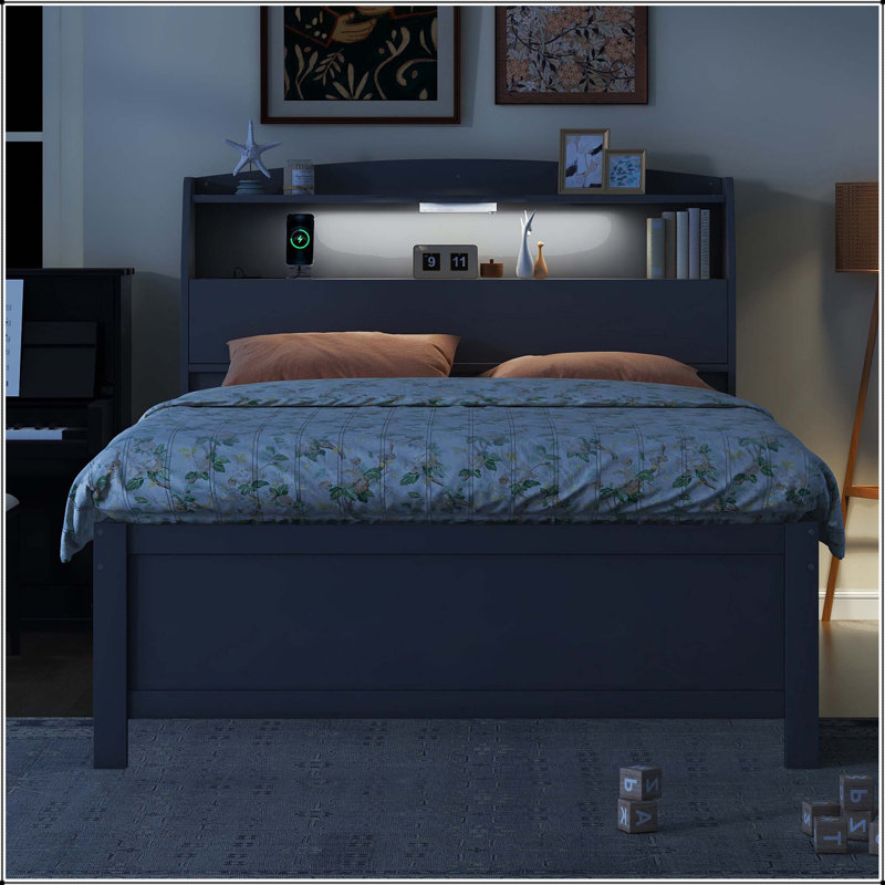 Lit plateforme en bois à DEL avec lit gigogne, tête de lit et tiroirs, Lit double, Gris
