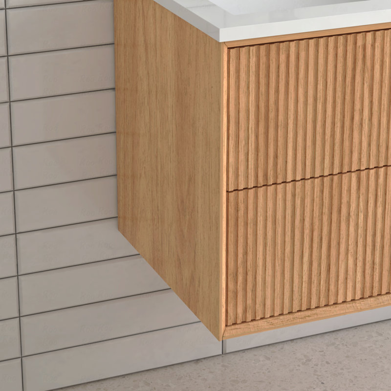 Ensemble de meuble-lavabo flottant, armoire de salle de bain murale en bois massif avec 2 tiroirs de rangement, lavabo intégré en résine blanche