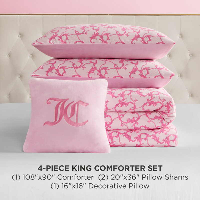 Juicy Couture Solid Plush Reversible Gothic Leopard Comforter Sets, King Comforter + 3 Additional Pieces Included