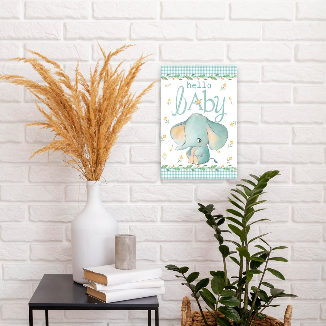 Hello Baby Elephant Blue Whimsical Contemporary Elephant Wall Art Print