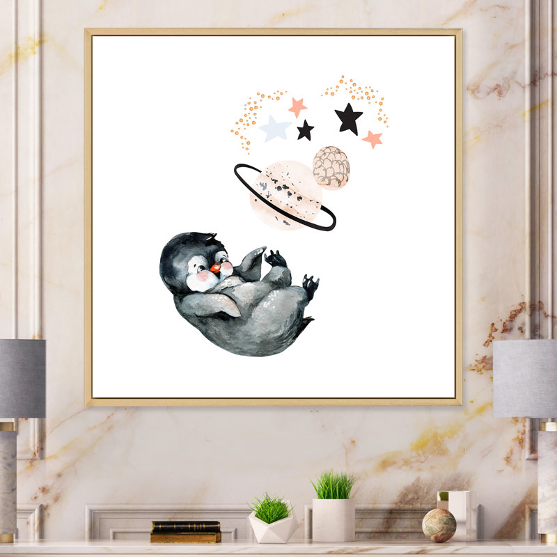 Mignon petit pingouin - peinture, H 36 po x l 36 po x P 1,5 po, Cadre flottant brun