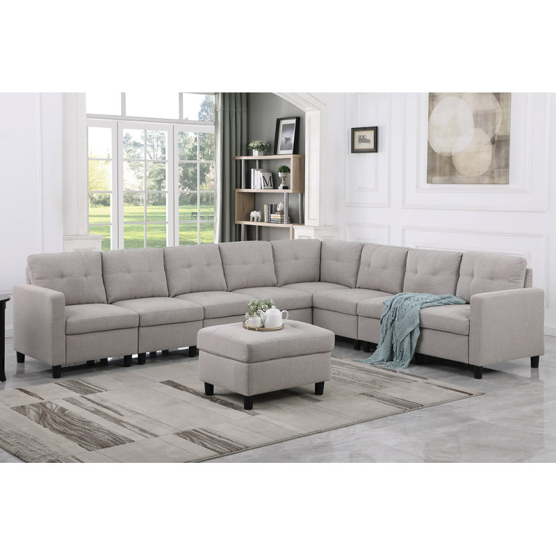 Milou 9 Pieces Modular Sofa Set, Light Gray Linen Blend