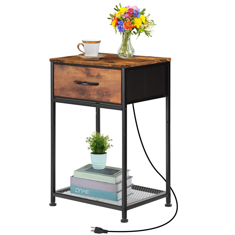 1-Tier Fabric Drawer Side Table with Charging Station