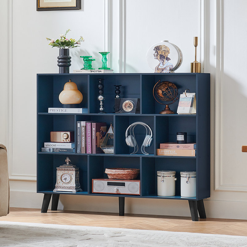 10 Cube Bookshelf,3 Tier Modern Wide Bookcase With Legs,Mid-Century Wood Bookshelves Storage，Retro Grey Large Book Case,Freestanding Organizer Display Shelf For Bedroom,Living Room,Office