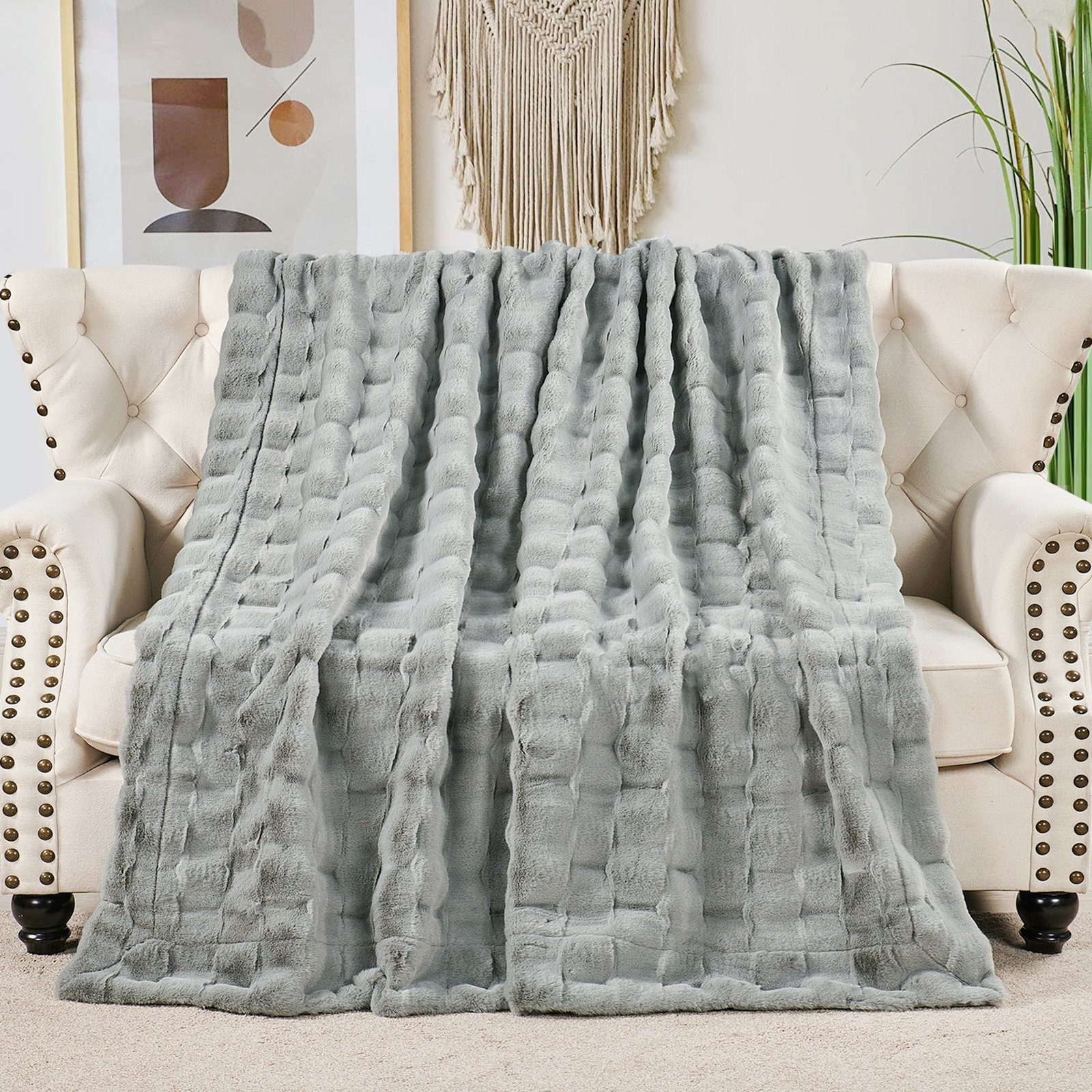Biscoe Faux Fur Knitted Throw Blanket, Gray, 50"W x 70"L